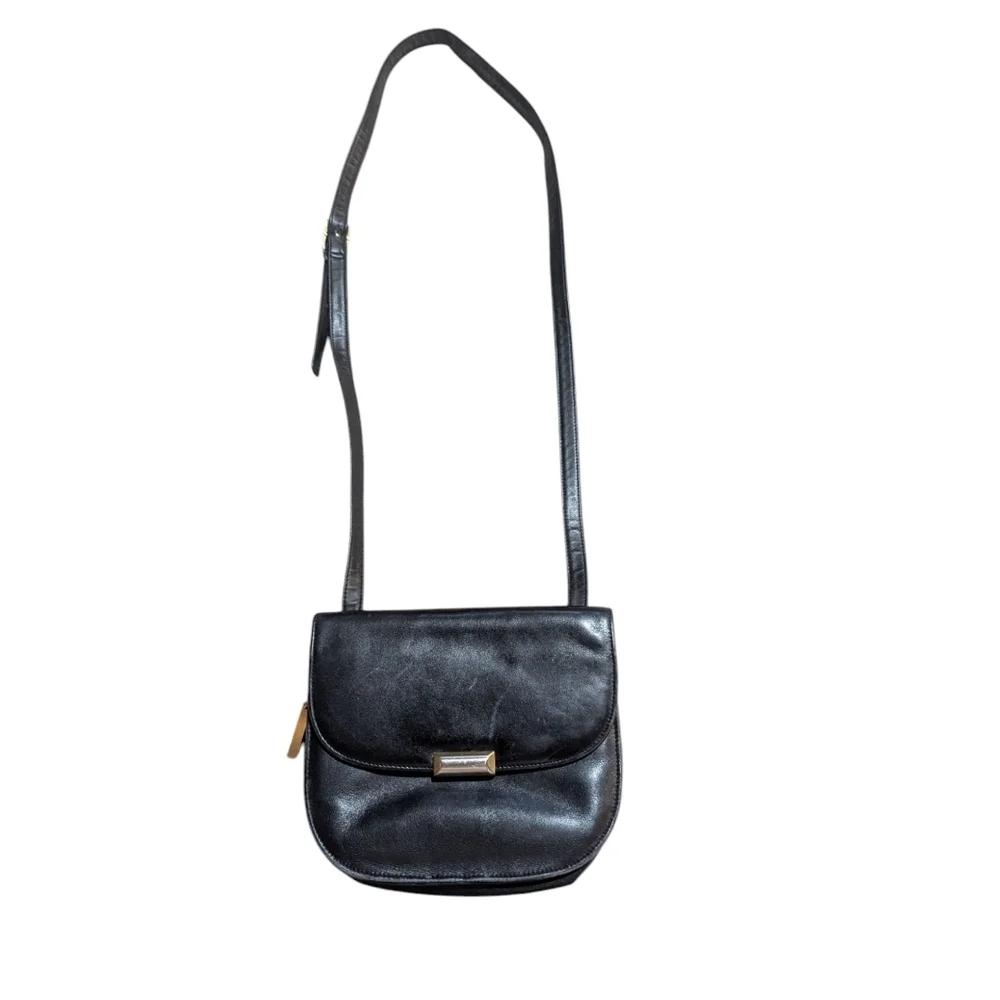 Vintage Mini Black Leather Crossbody Purse Gold Hardware Retro Old Money Minimal